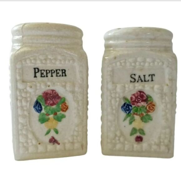 ‎Vintage Japan Stovetop Salt Pepper Shakers Ceramic Handpainted Floral Large - Picture 3 of 16